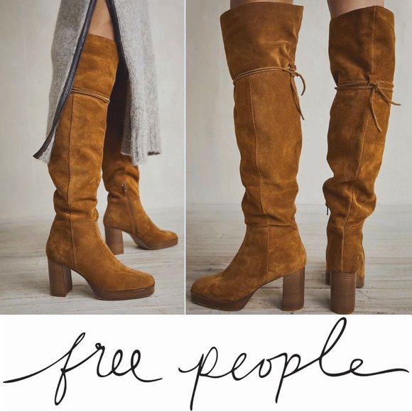 FREE PEOPLE Echo Platform Over the Knee OTK BOOTS Size 8.5 Tan Suede NEW $298 - Picture 1 of 11